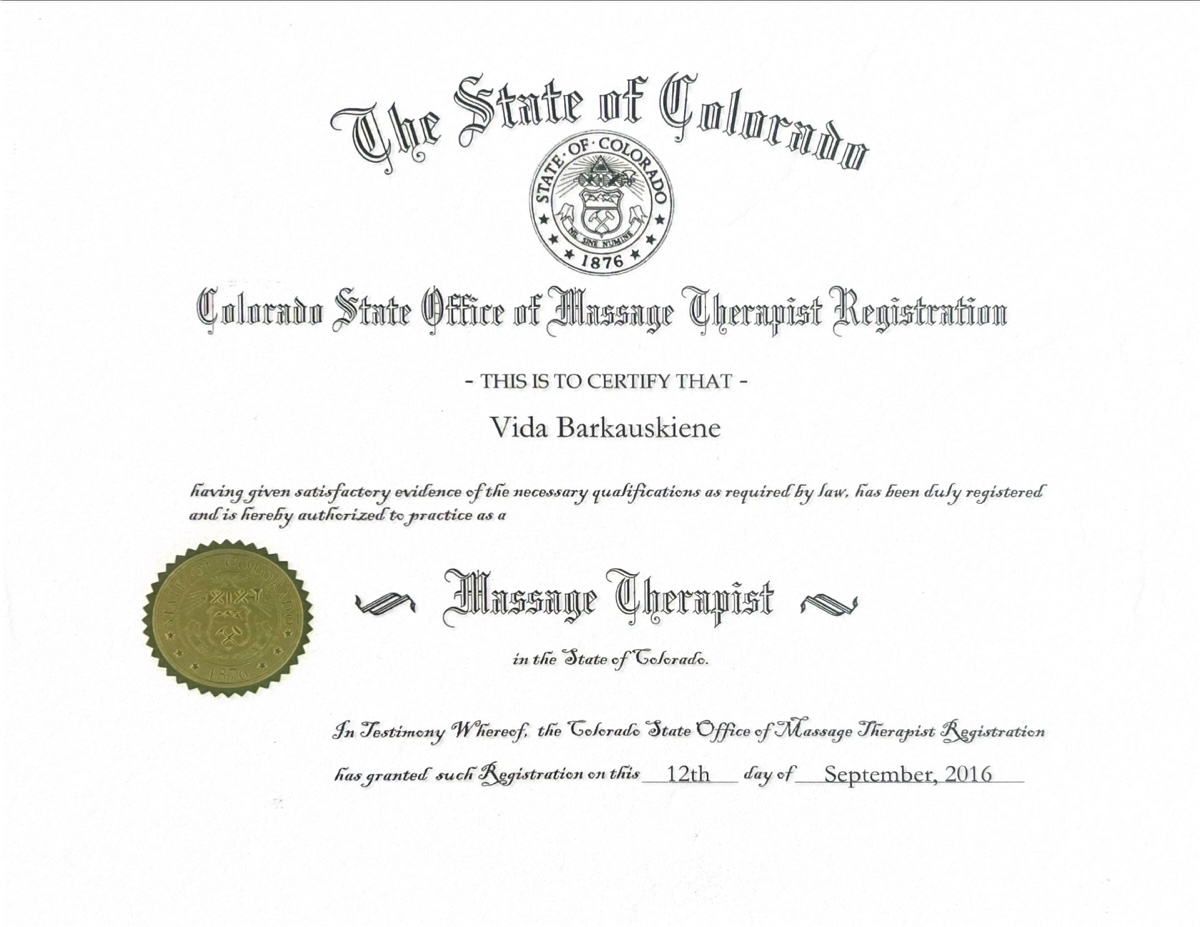 State of Colorado Licensed Massage Therapist license issued to Vida Barkauskiene